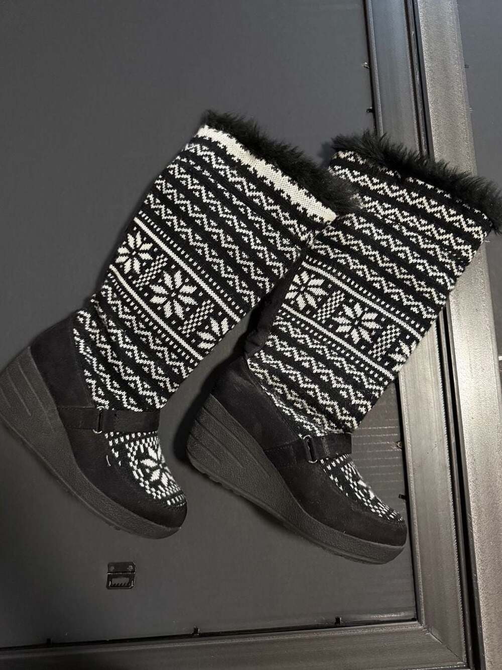 Steve Madden Fair Isle Snowflake Knit Wedge Boots with Faux Fur Trim